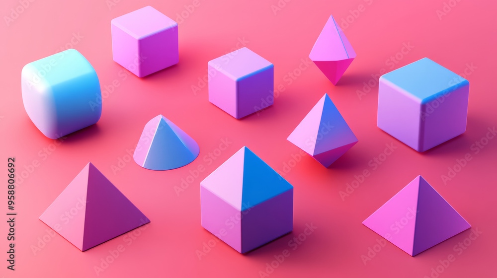 Poster this is a set of simple 3d shapes, like cubes and pyramids. they're perfect for creating retro-style