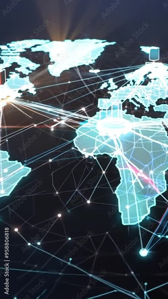 Aufkleber abstract digital network with glowing light on a world map background.