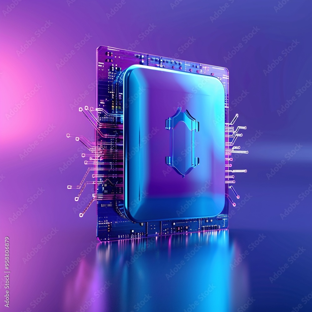 Poster futuristic microchip with glowing neon lights, representing advanced technology and innovation in co