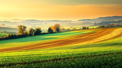 Obraz premium Breathtaking sunrise over vibrant green and golden fields.