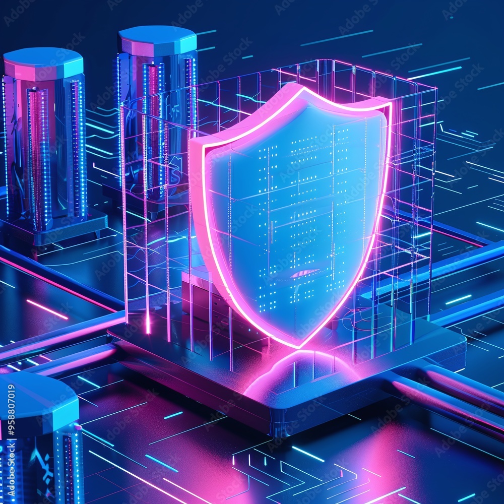 Poster futuristic neon cybersecurity concept with a glowing shield icon protecting digital data on circuit 