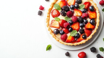 A delicious fruit tart with fresh strawberries, blueberries, raspberries and blackberries on a white background.