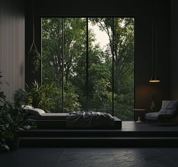 The modern design of the interior of a bedroom is stylish. The design is minimalistic. 3D Illustration, rendering.