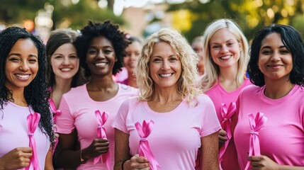 A diverse group of women in pink shirts holding ribbons at a breast cancer awareness event.