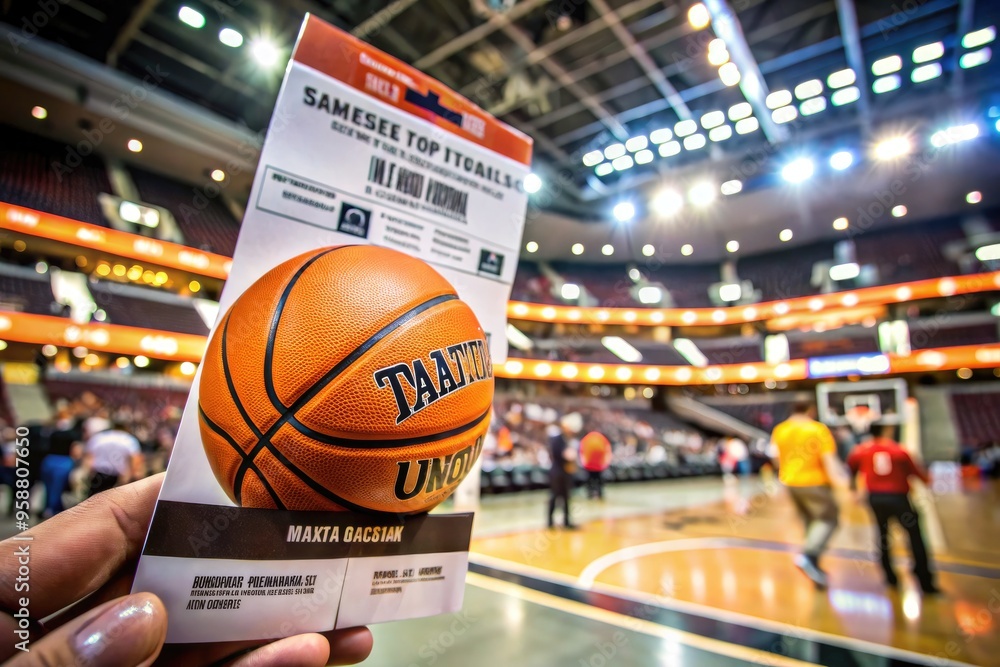 Wall mural a close-up shot of a folded basketball ticket against a blurred arena background, with vibrant team 