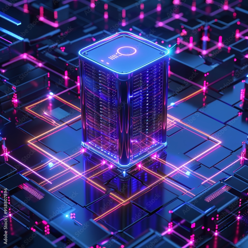 Poster futuristic server in a glowing cyber grid, representing digital technology, innovation, and data sto