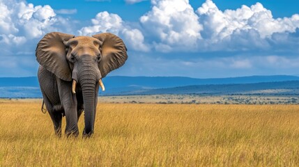 Fototapeta premium A powerful elephant gazes calmly in the savannah, its trunk relaxed and strong legs poised to explore the grassy terrain during dusk