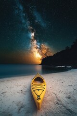 Kayak boat in tropical beach with milky way and starring night sky