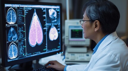A doctor reviewing breast cancer scan images on a computer monitor.