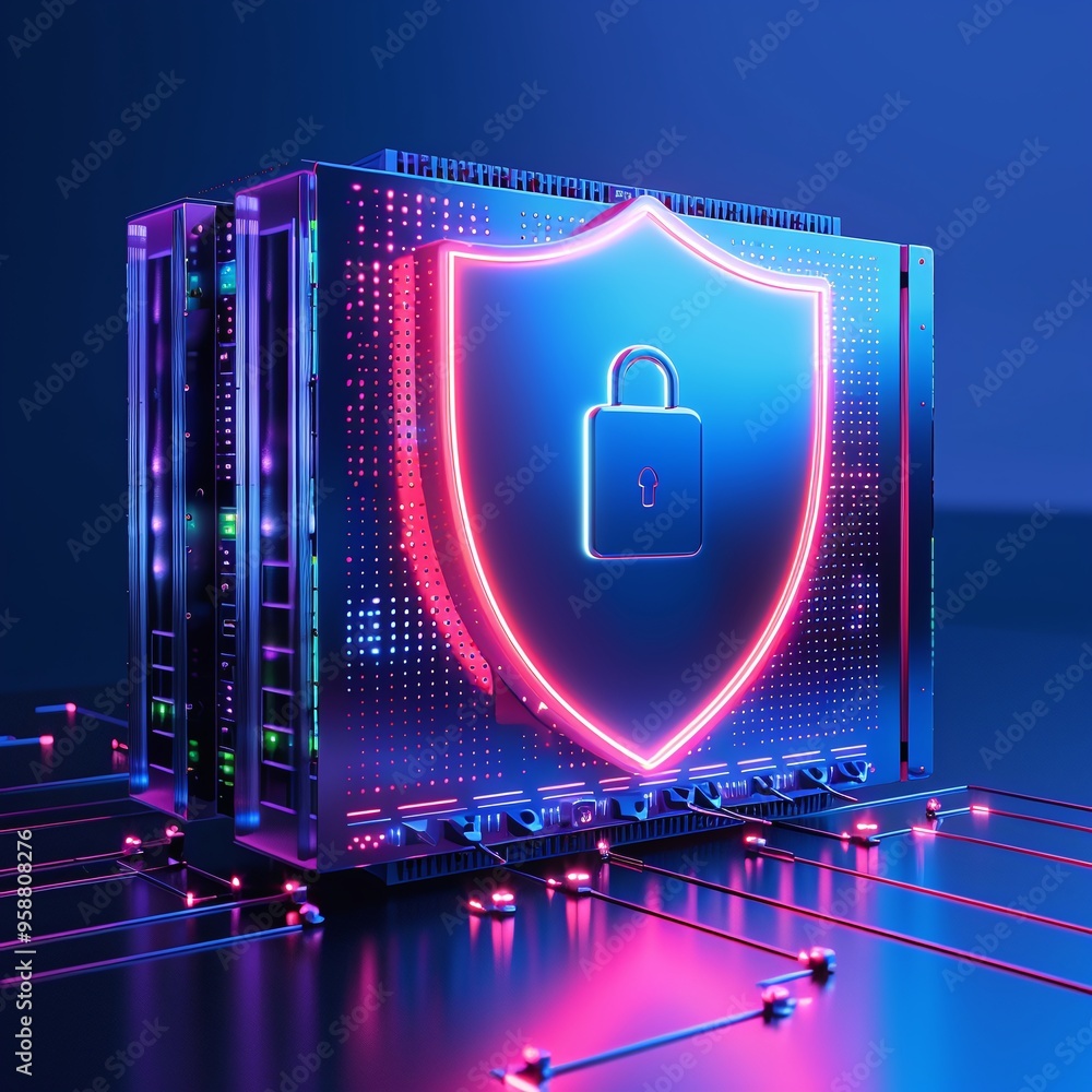 Poster futuristic server security concept with neon shield and digital locks. data protection and cybersecu