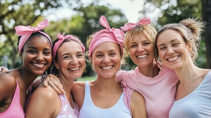 A group of breast cancer survivors celebrating together in a park.