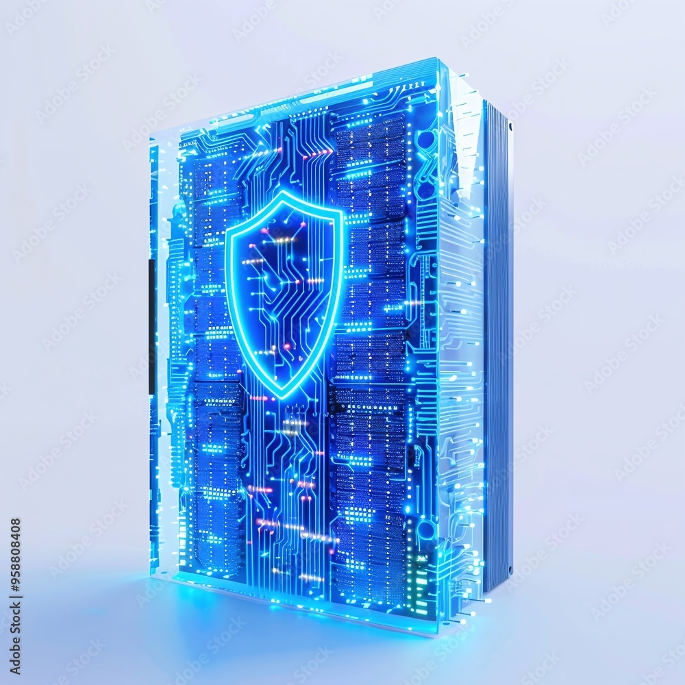 Poster futuristic server with digital shield, representing cybersecurity and data protection in a high-tech