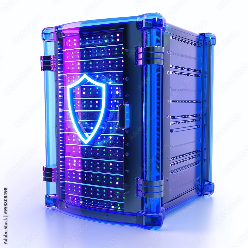 Poster futuristic server with digital shield icon, representing data security and advanced technology in vi