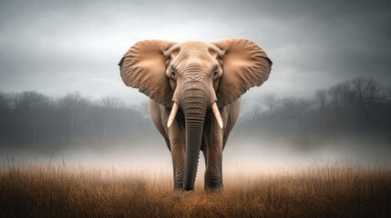 Fototapeta premium A powerful elephant gazes calmly in the savannah, its trunk relaxed and strong legs poised to explore the grassy terrain during dusk