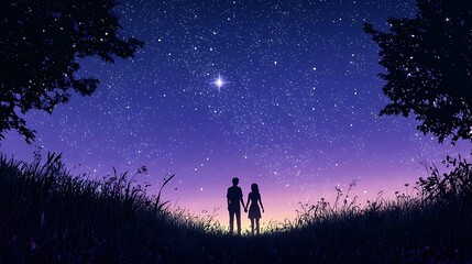 Silhouetted couple under a starlit sky, embracing the beauty of the night.