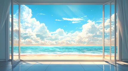 Serene ocean view from an open room with bright sunlight and vibrant clouds.