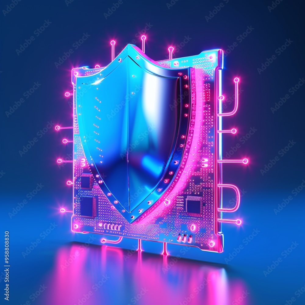 Poster futuristic shield protecting digital circuitry, representing cybersecurity and data protection in a 