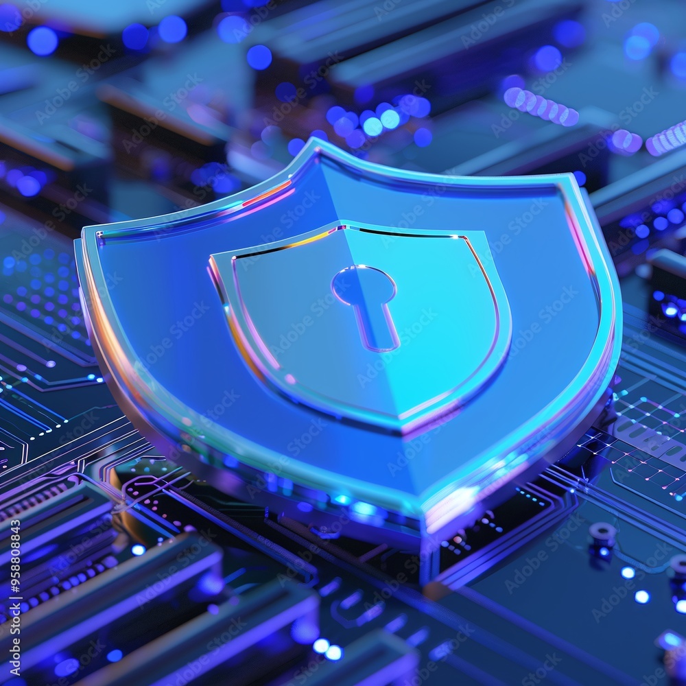 Poster futuristic shield symbol representing cybersecurity on a circuit board, highlighting data and inform