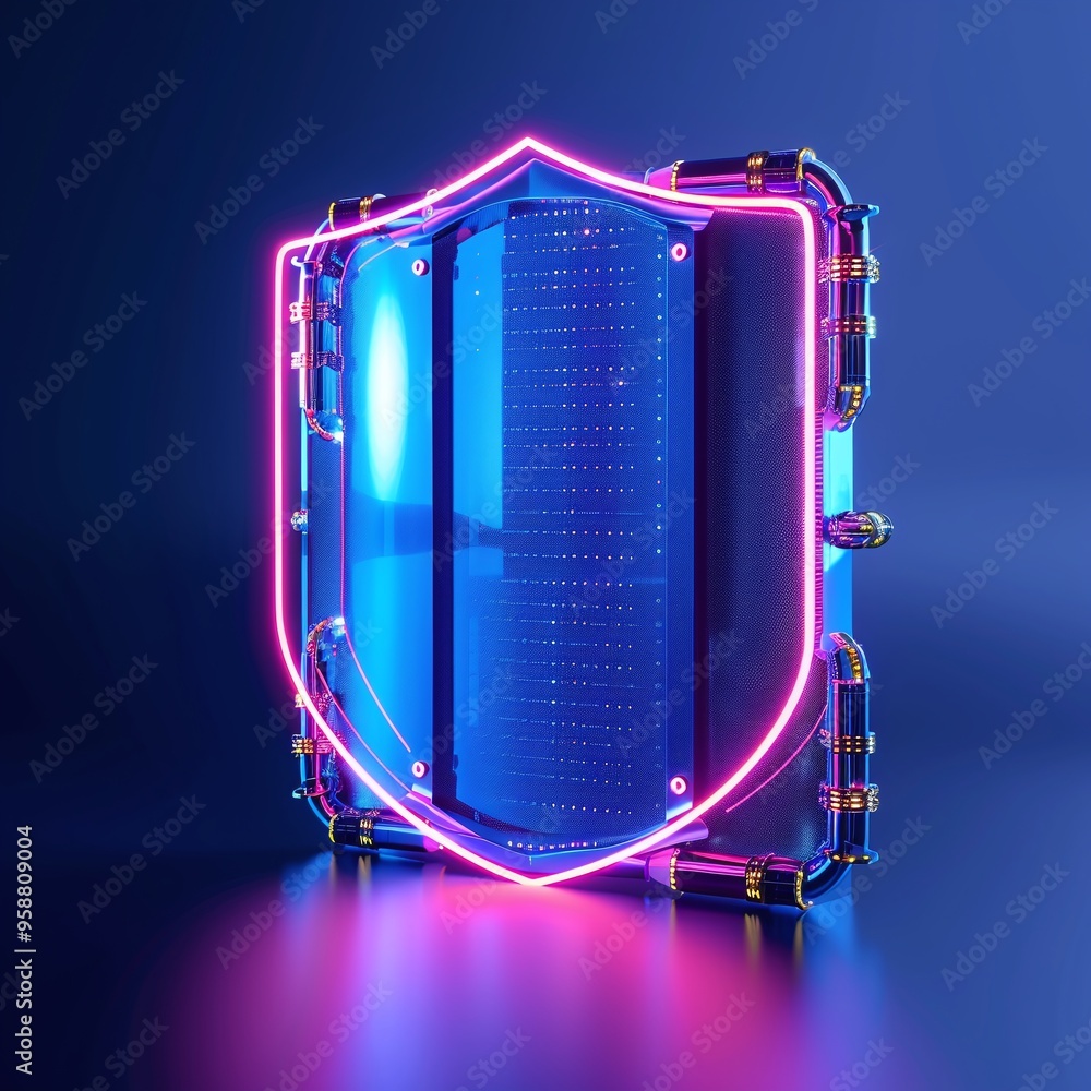 Poster futuristic shield with neon lights representing cybersecurity and data protection on a dark backgrou