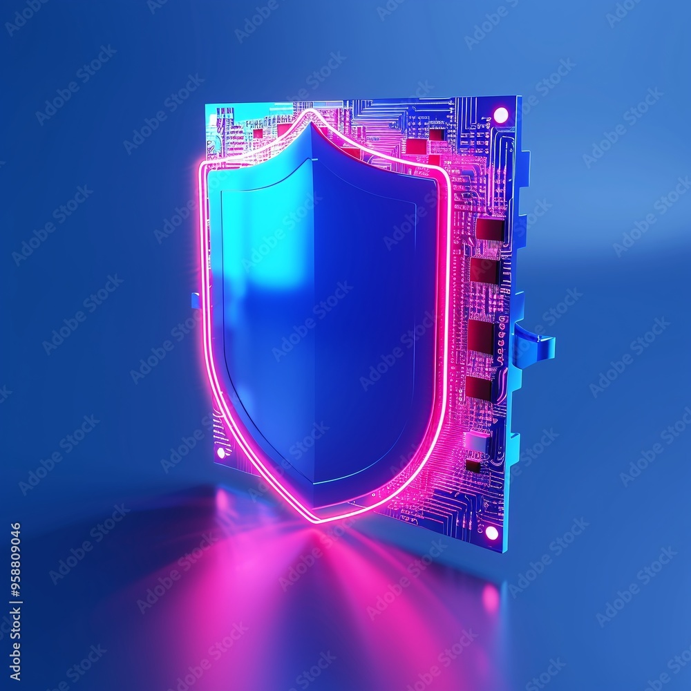 Poster futuristic technology security concept with a glowing shield on a microchip background, symbolizing 
