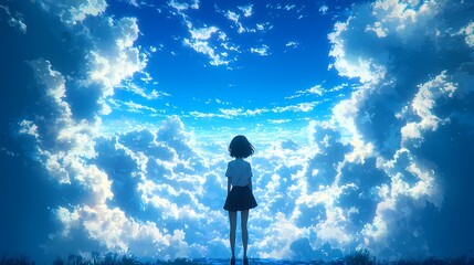 A young girl gazes at a vast, dreamy sky filled with vibrant clouds.