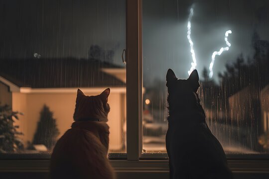 A cat and a dog watch a thunderstorm outside the window. - Powered by Adobe