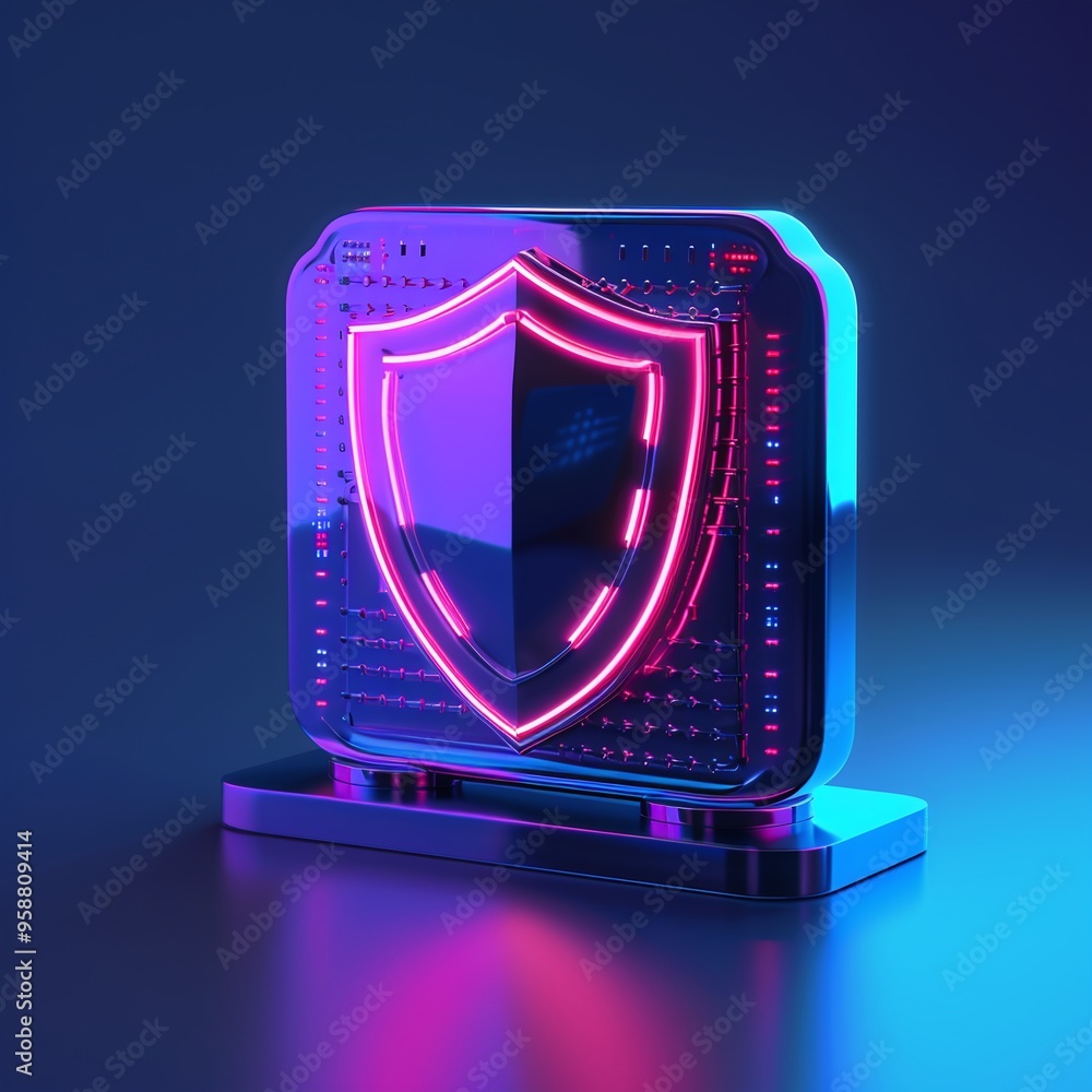 Poster glowing neon shield icon representing cybersecurity and data protection on a modern illuminated back