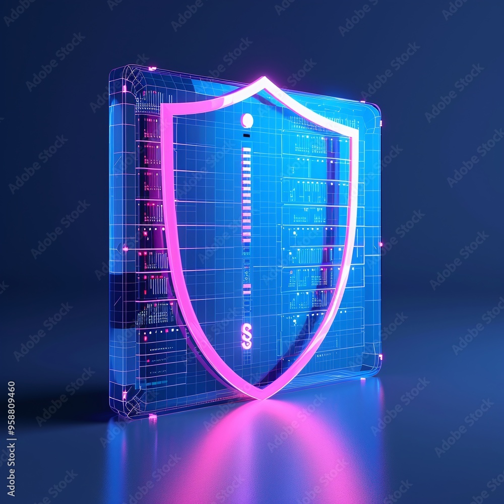 Poster glowing shield icon over a blue digital background representing cybersecurity and data protection te