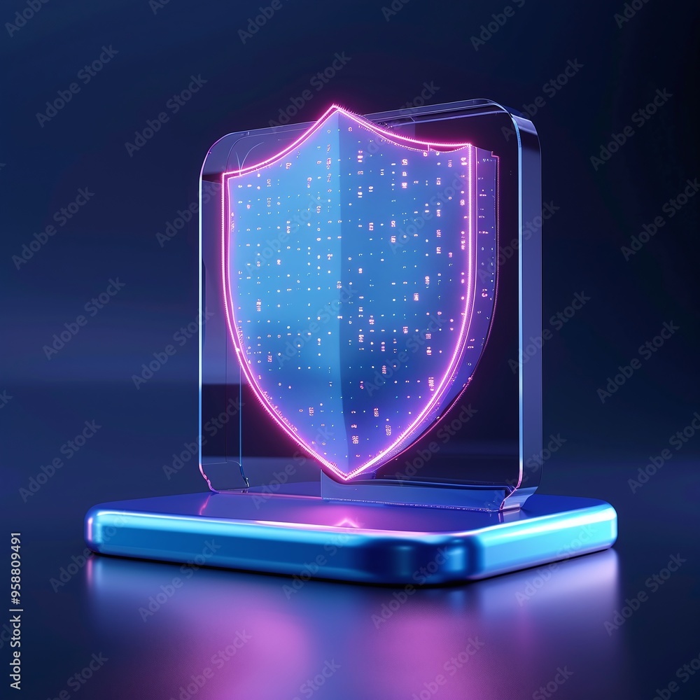 Poster glowing shield icon representing cybersecurity and data protection in a futuristic design with neon 
