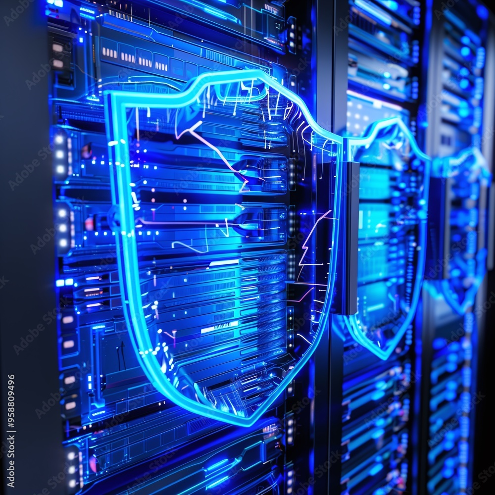 Poster glowing shield icon over server racks emphasizing cybersecurity and data protection in a modern data