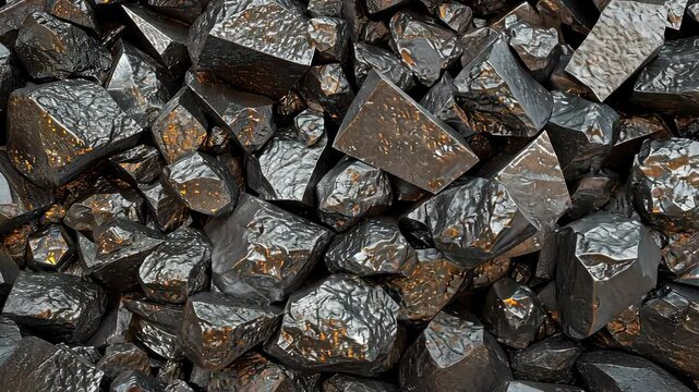 Camera gliding smoothly over a shimmering pile of dark ores with golden reflections