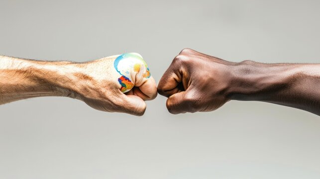 two arms with different race skin colors multinational friends antiracism issue help together buddies world globe, integration giving fists bump. isolated grey ackground