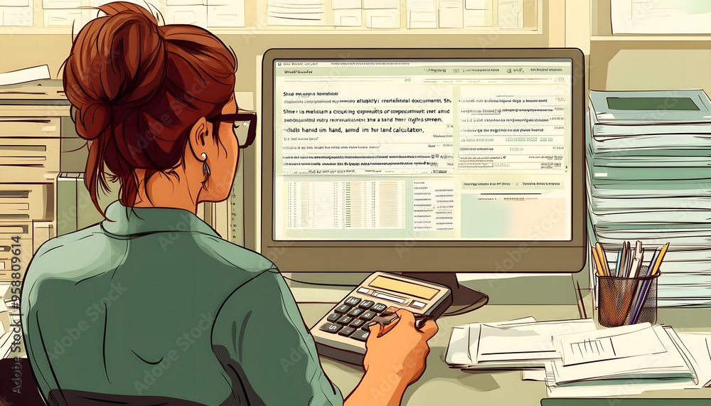 Poster woman working at a desk with a computer and calculator