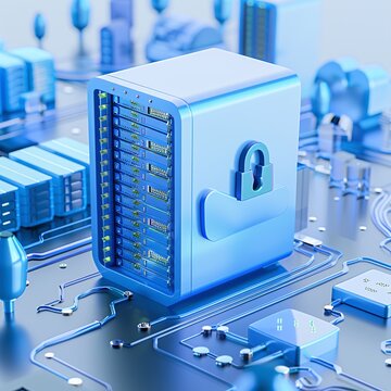 High-tech 3D render of a secure server with a padlock symbol, representing data security and modern computing technology.