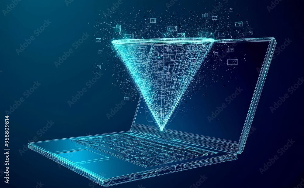 Poster a digital sales funnel on a laptop with a big data concept on a blue technologic background. abstrac