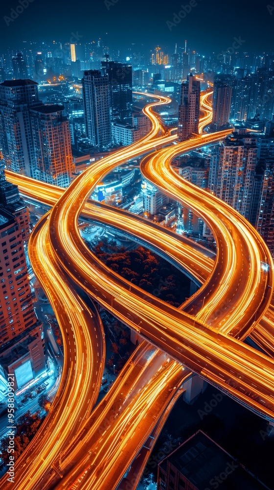 Poster an abstract background of high-speed data transfers in a futuristic tech city at night.