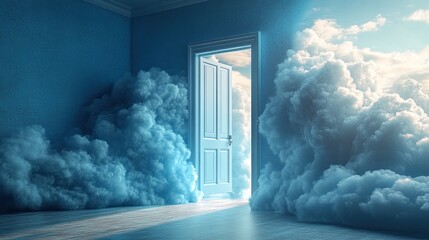 white fluffy clou going through flying out the open door objects isolate on blue backgroun modern minimal concept surreal dream scene abstract door to haven metaphor