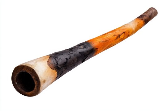 A beautifully handcrafted wooden didgeridoo showcasing a blend of natural colors and textures, perfect for musical creativity.