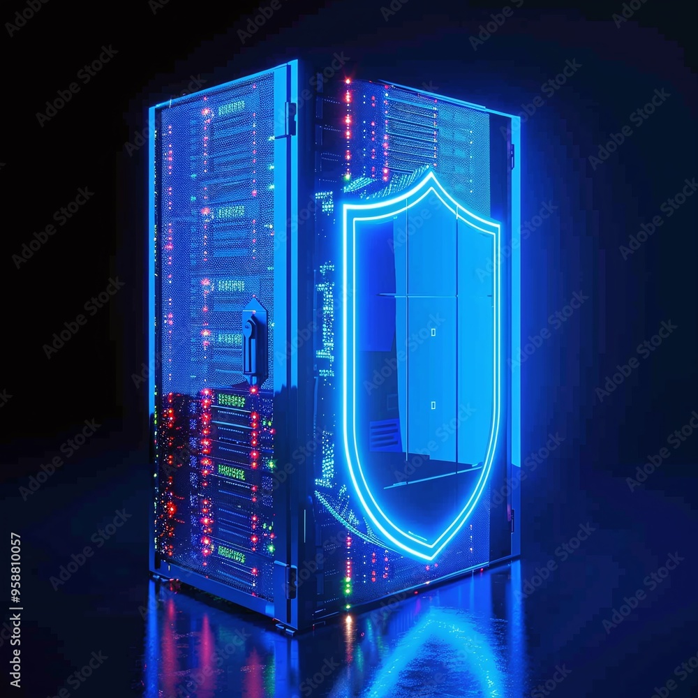 Poster high-tech server rack with glowing shield symbolizing data protection and cybersecurity in a dark, m