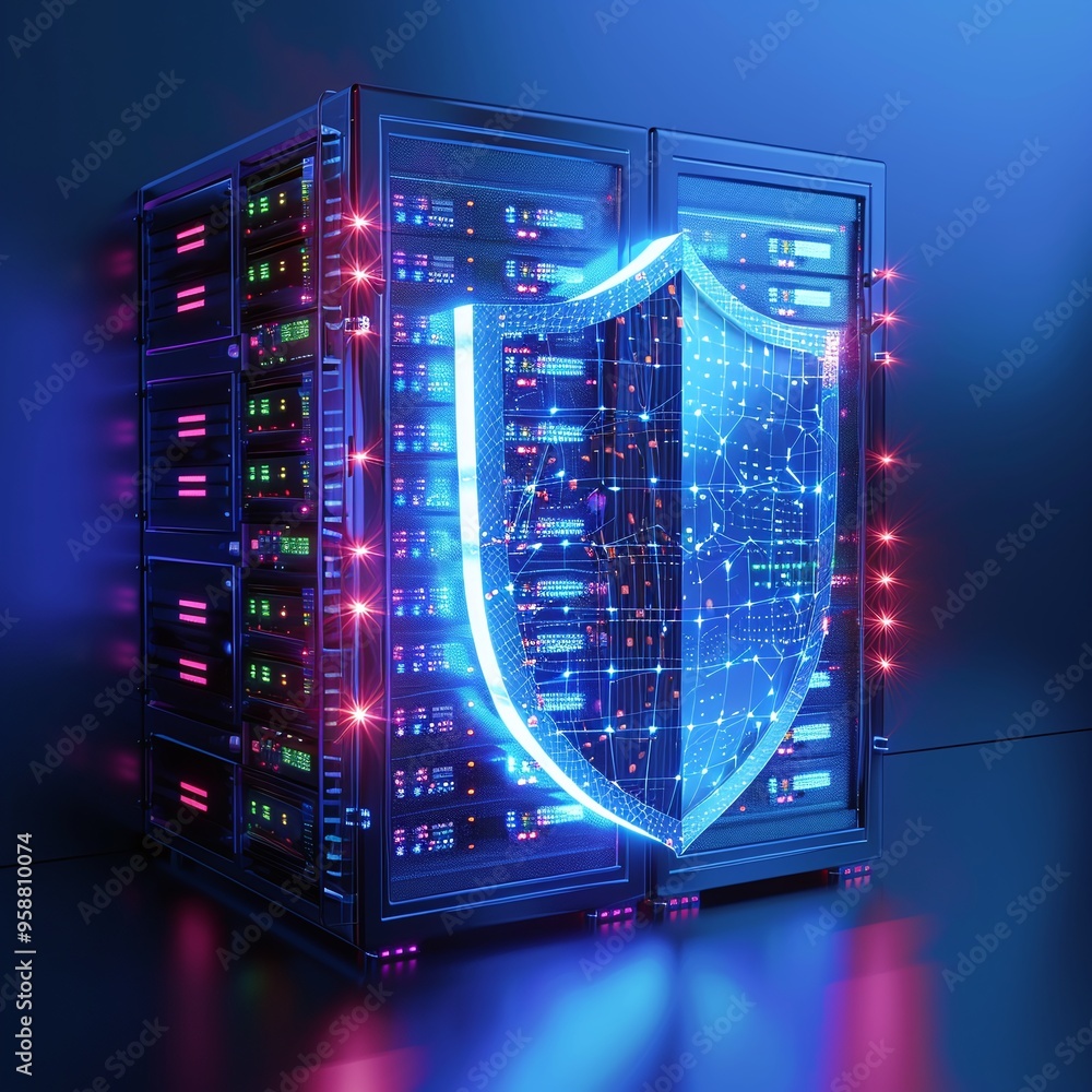 Poster high-tech server rack with a glowing shield represents cybersecurity and data protection in a modern