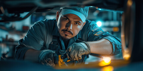 Latino man, mechanic, under car, using tools.