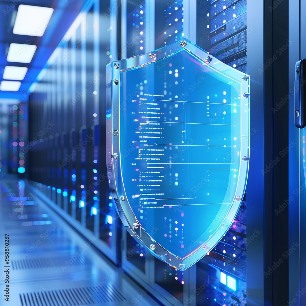 Poster high-tech server room with digital shield symbolizing cybersecurity and data protection, highlightin