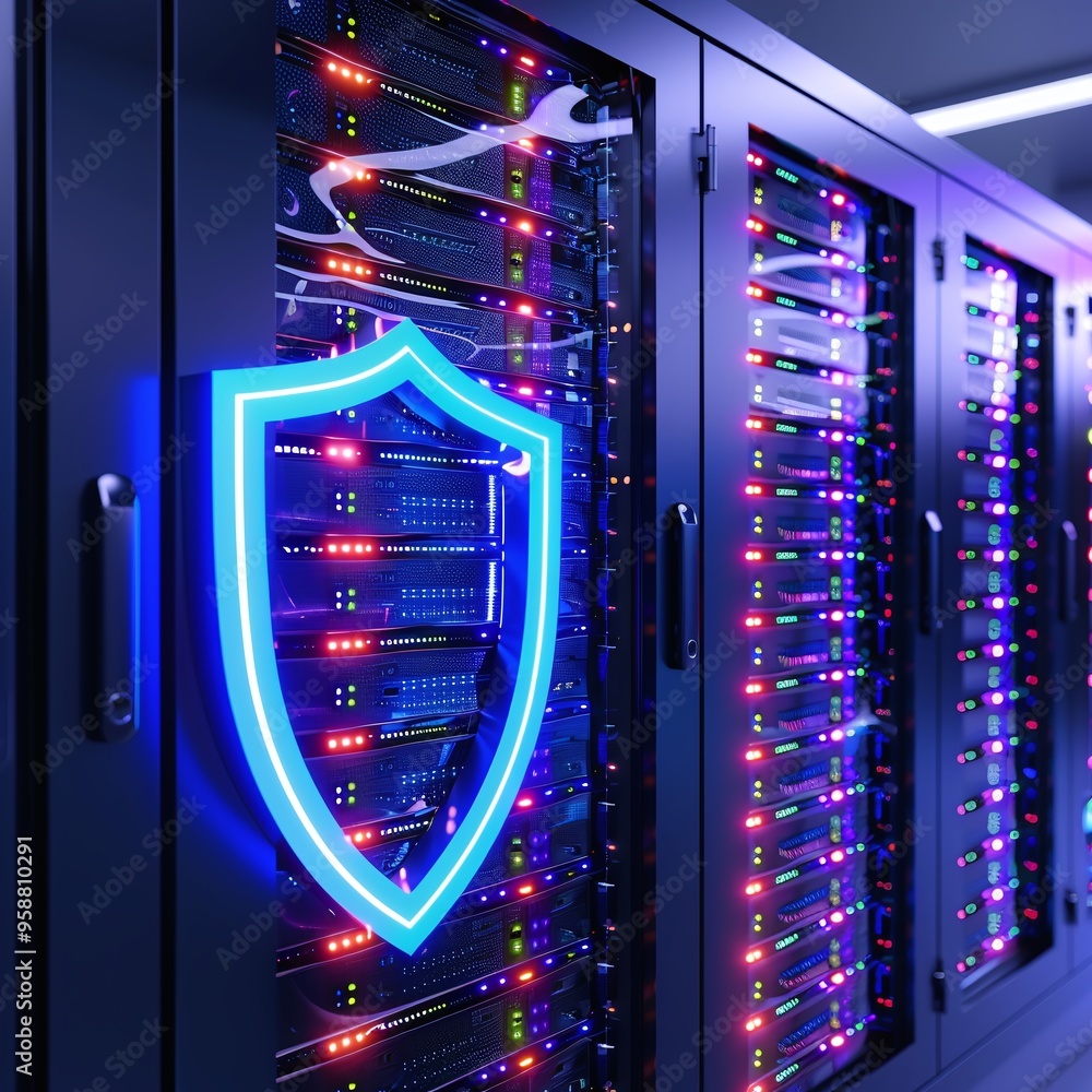 Aufkleber high-tech server room with illuminated servers and glowing blue shield icon representing cybersecuri