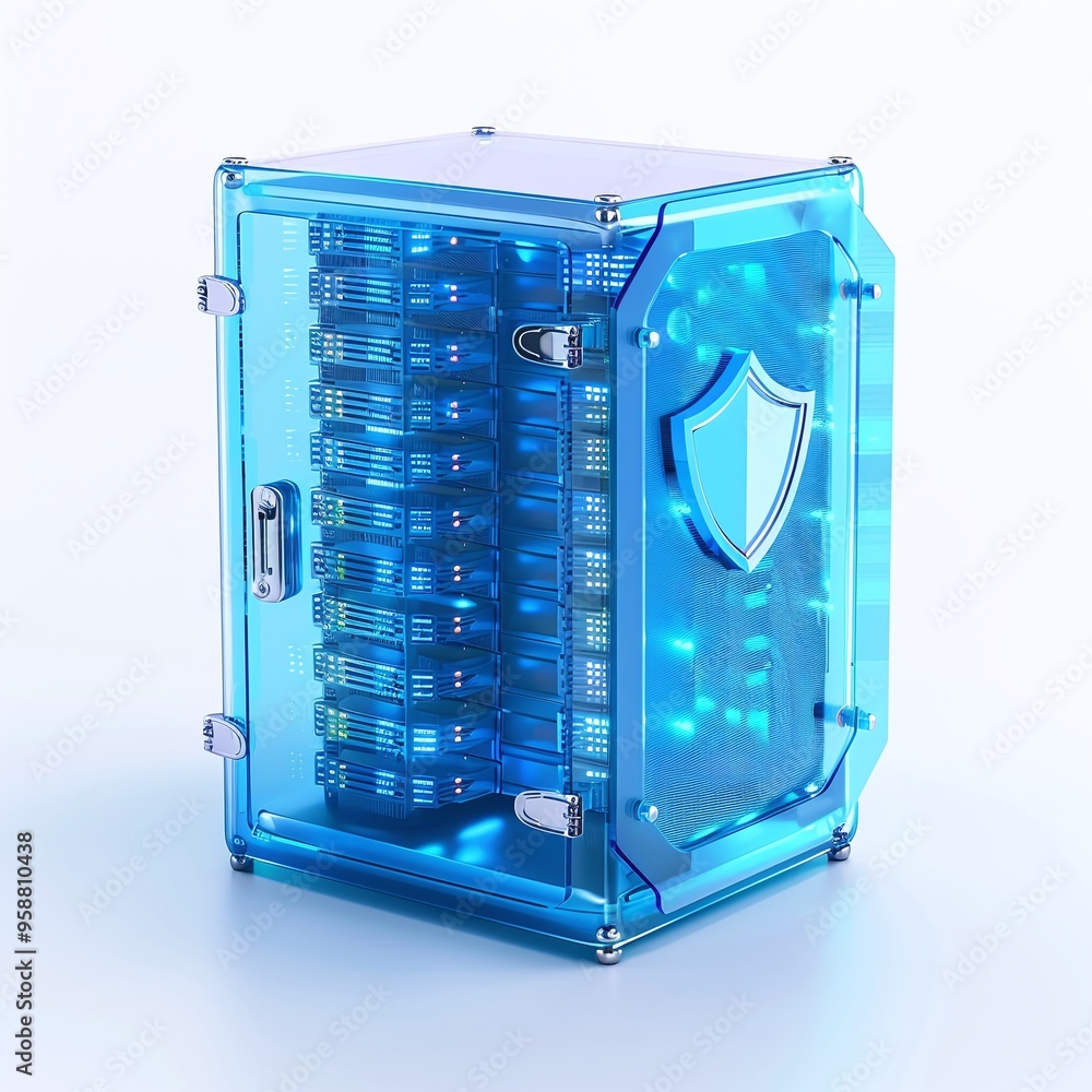 Poster innovative blue data server with a transparent shield design, representing data security and modern 