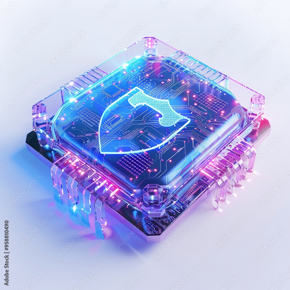 Poster microchip with glowing shield hologram representing cybersecurity and data protection in modern tech