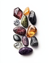 Naklejka premium A collection of vibrant gemstones showcasing unique colors and shapes, perfect for illustrating beauty and luxury.