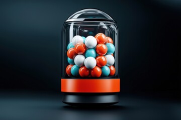 A colorful arrangement of spheres inside a transparent container, showcasing a modern design and vibrant colors.