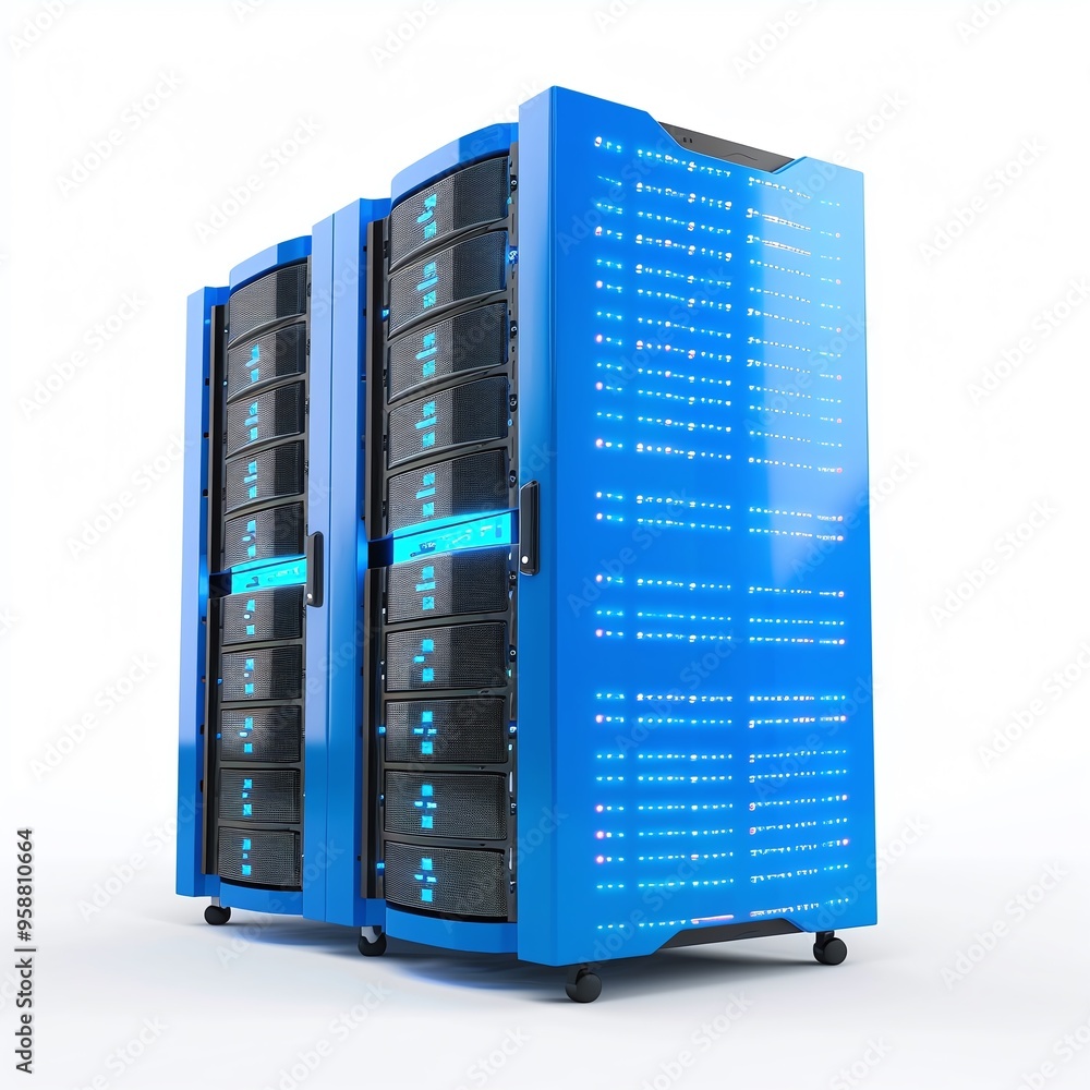 Poster modern blue server racks in a data center representing cloud computing, storage, and network infrast