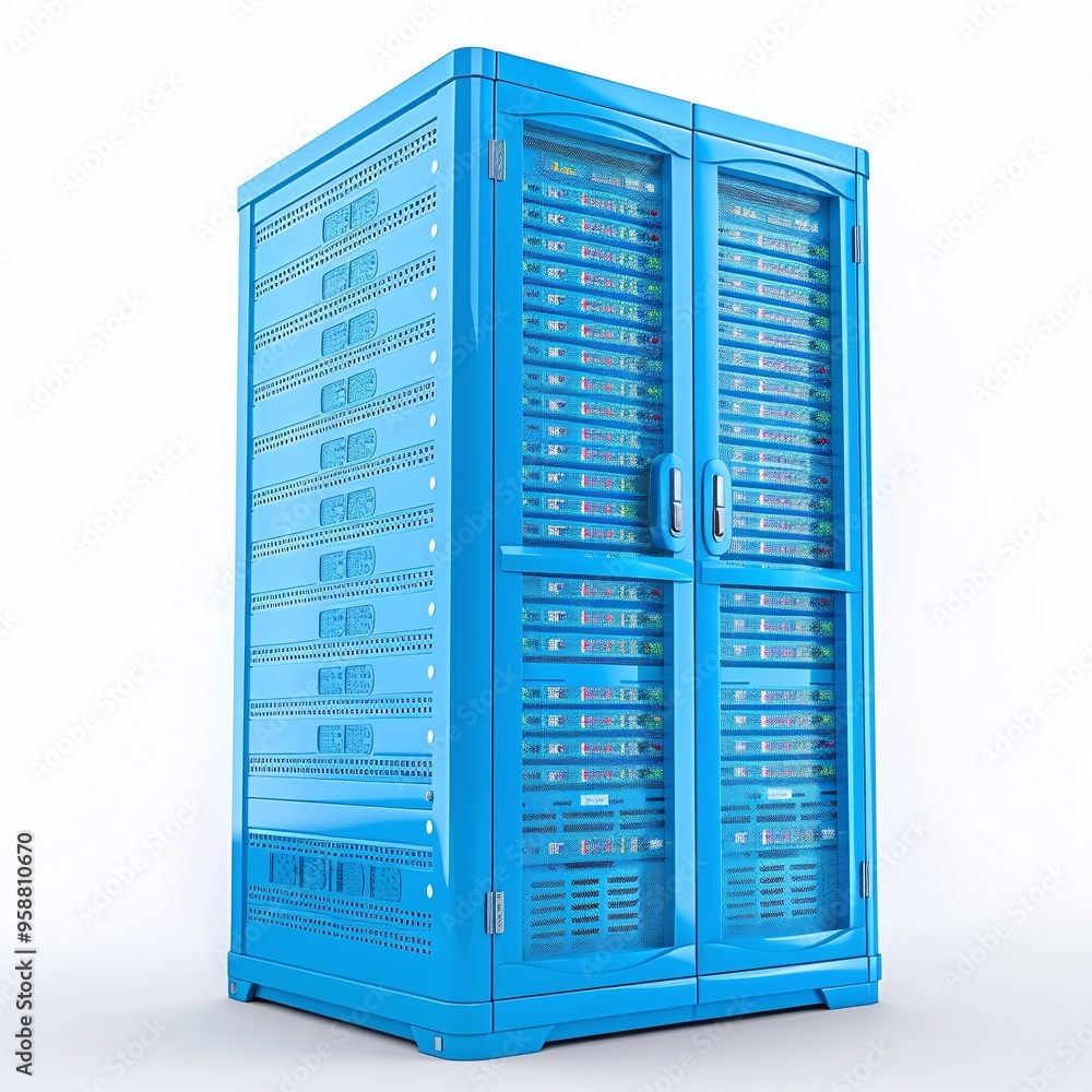 Poster modern blue server rack isolated on white background. high-tech data storage and management solution