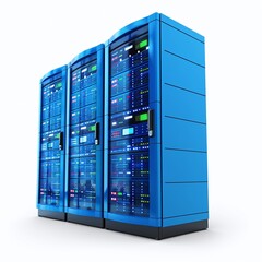 Modern blue data center server rack with illuminated LED lights, optimal for cloud storage and high-performance computing solutions.